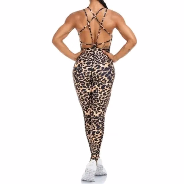 Women's Leopard Print Backcross Yoga Set One-Piece Jumpsuit