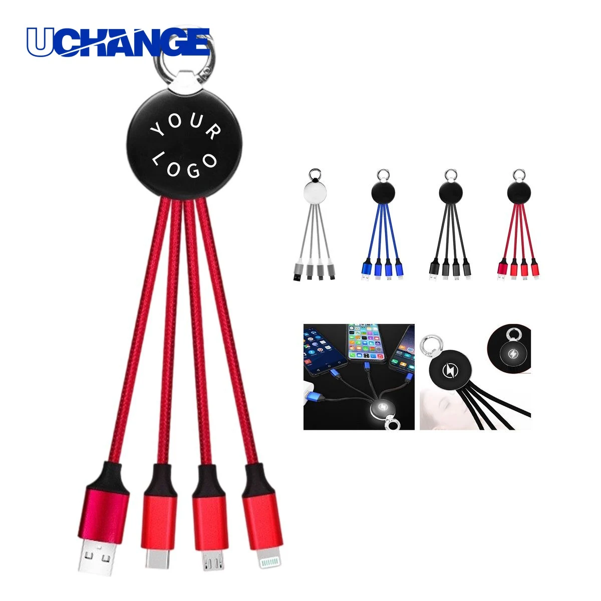 Nylon Three In One Charging Cable with Light Up Logo 1