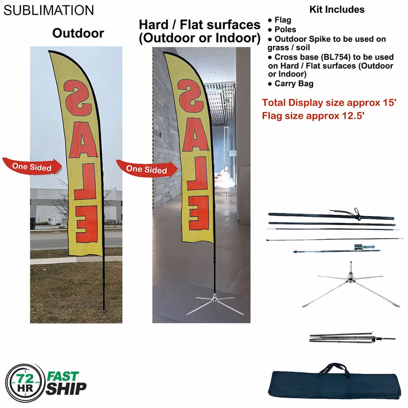 72Hr Fast Ship - 15' Large Feather Flag Kit, Full Color Graphics One Side, Outdoor and Indoor use