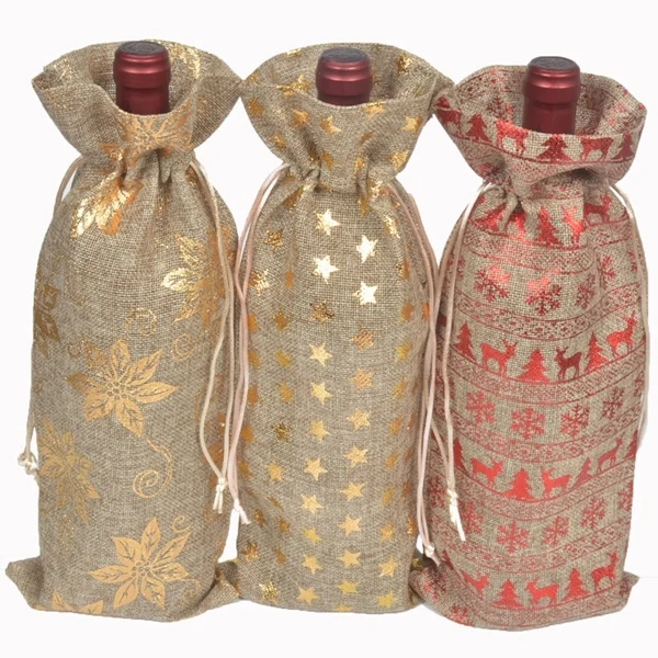 Jute Christmas Drawstring Wine Bags 1