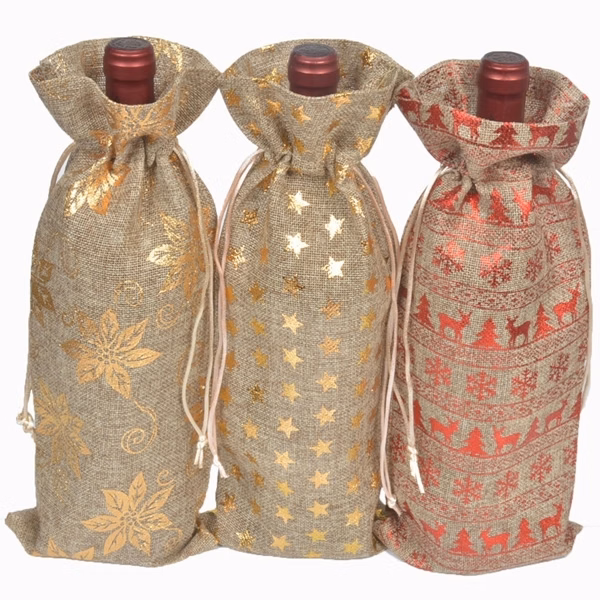 Jute Christmas Drawstring Wine Bags