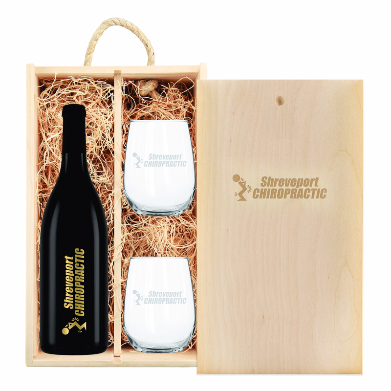 Laser-Engraved Wood Box w/Custom Etched Pinot Noir Wine Bottle + Glasses
