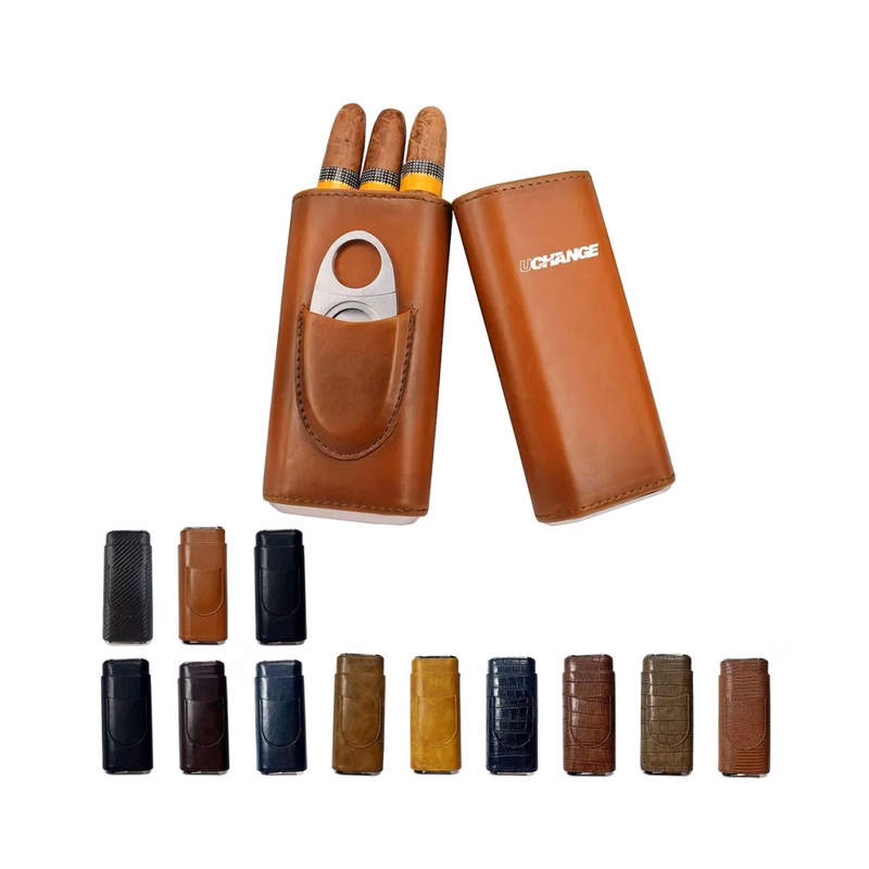 Portable Premium Leather Travel Cigar Case With Cutter