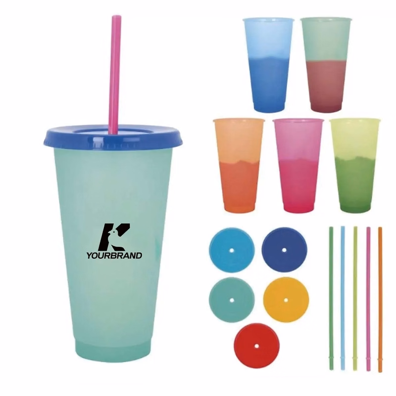 24oz Plastic Color Changing Tumbler with Lids and Straws