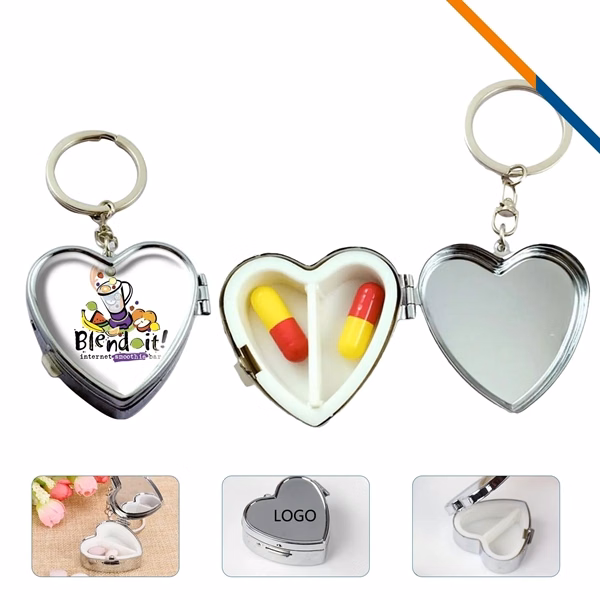 Custom Heart Shaped Stainless Steel Pill Box with Key Ring — Charming Travel Gift