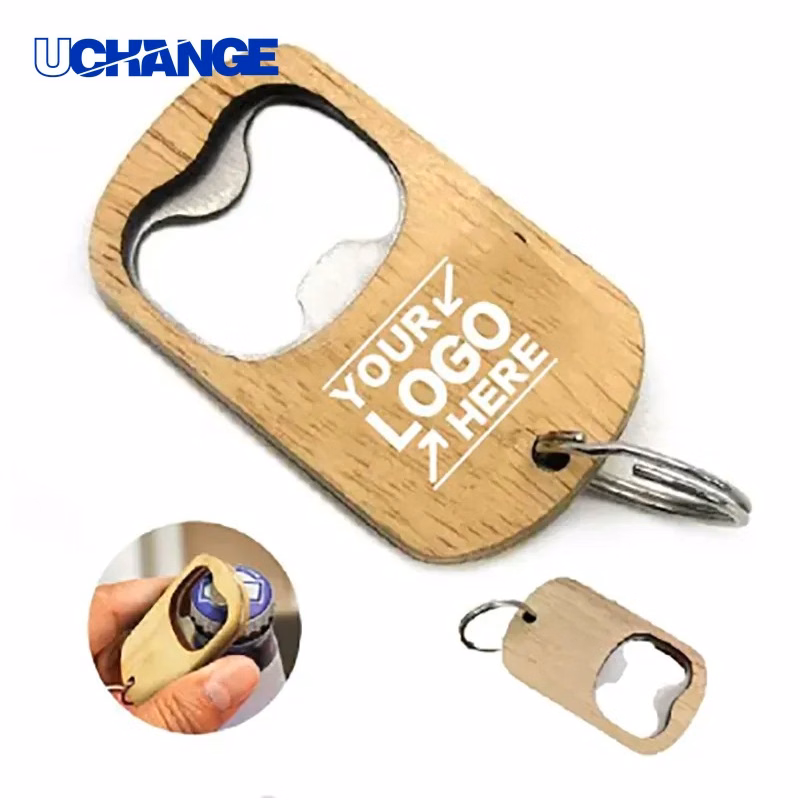 2-in-1 Wooden Bottle Opener Keychain Natural Finish Bar Tool