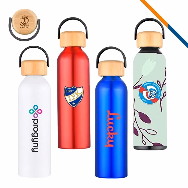 Custom 24 oz Recycled Aluminum Water Bottle with Bamboo Lid — Full-Color Eco Promotion