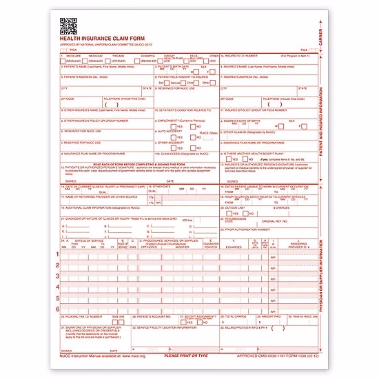 Claim Forms, Insurance, CMS-1500 Laser Sheet