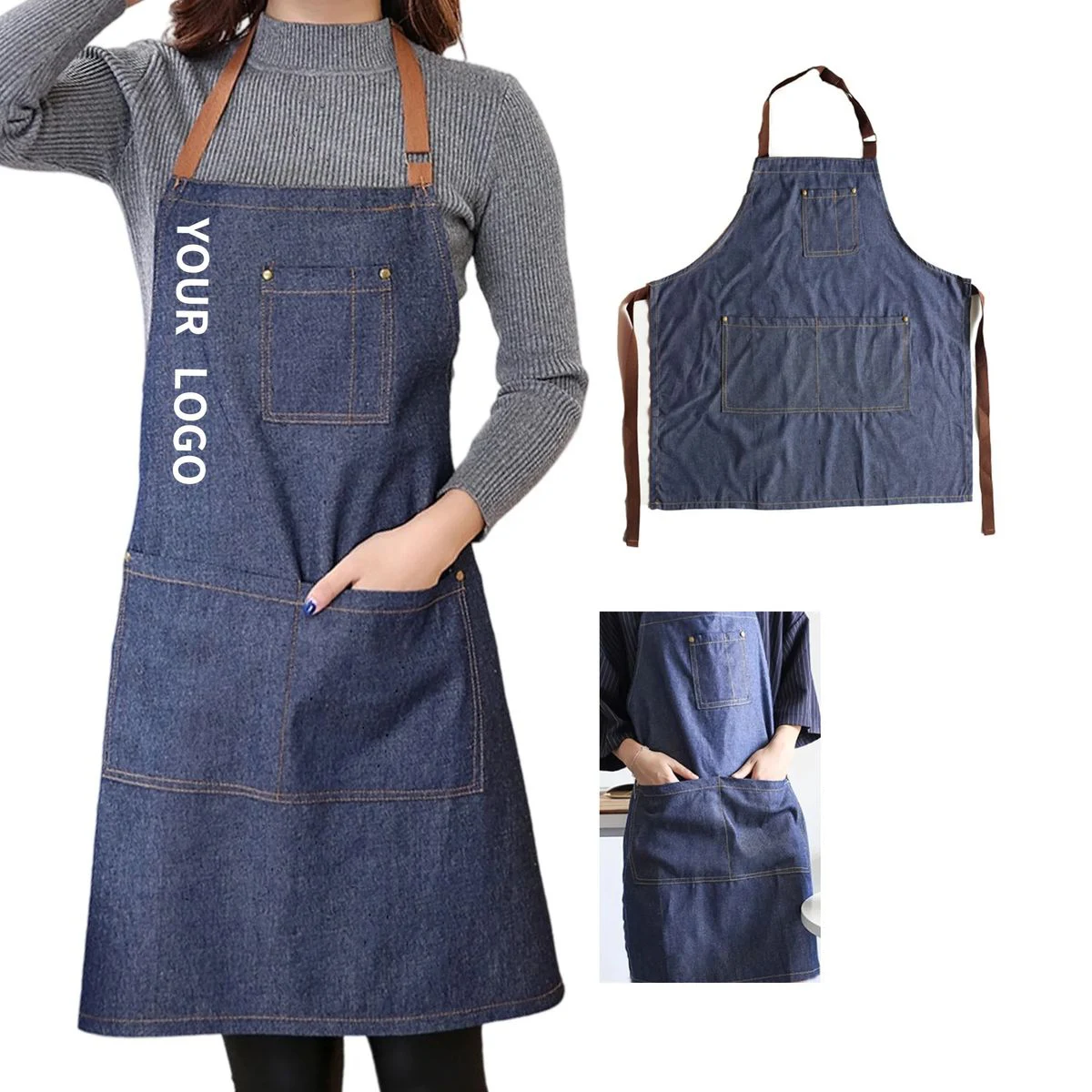 Polyester Denim Apron with Neck Strap and Pockets 1