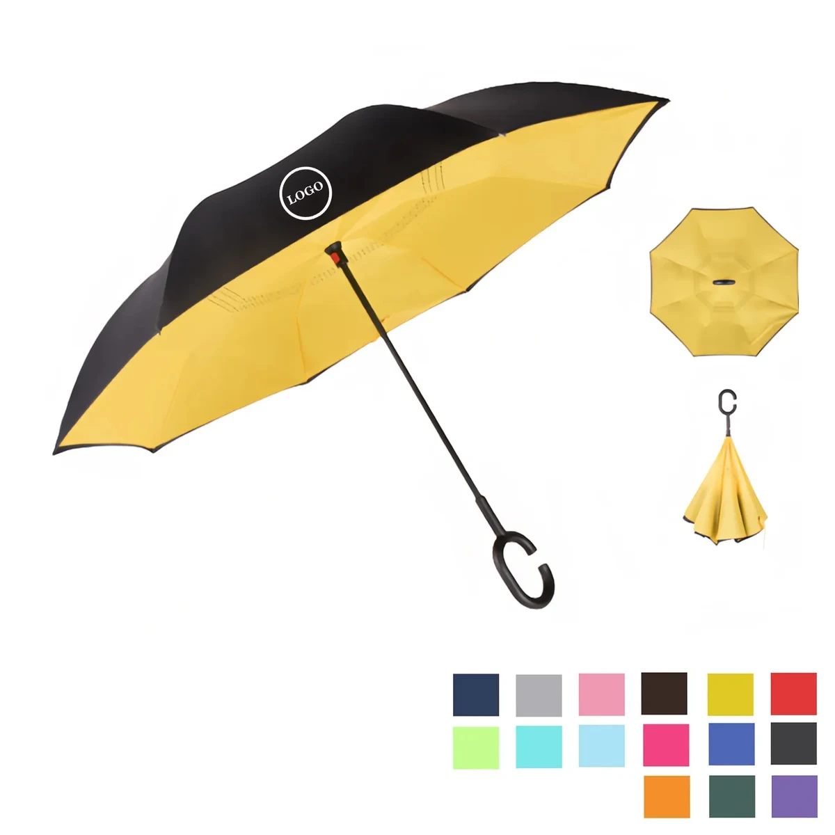 Solid Color Inverted Umbrella with C-Shaped Handle 1
