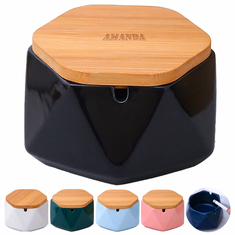 Simple Ceramic Ashtray w/ Bamboo Lid