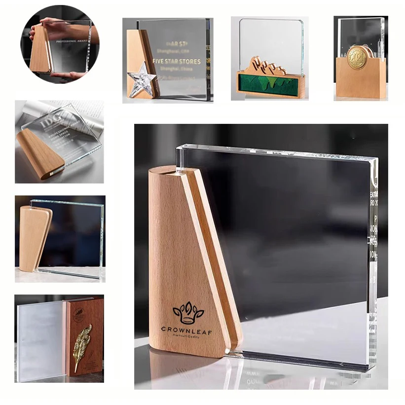 Crystal Rectangle Plaque Award Trophies with Wooden Base 1