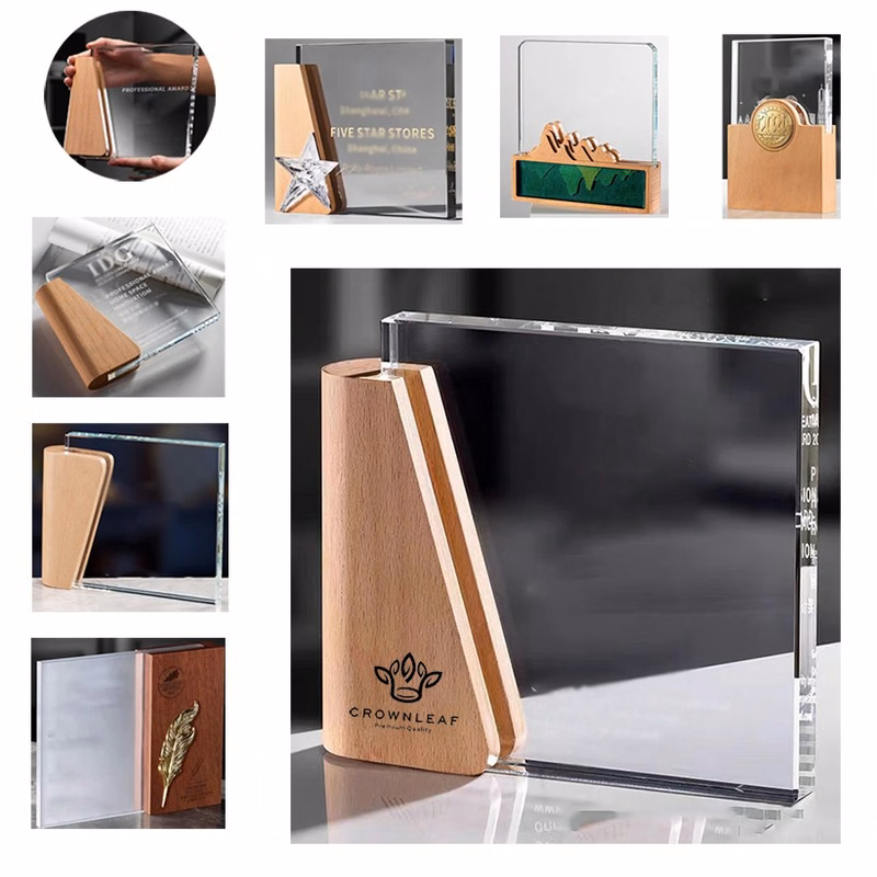 Crystal Rectangle Plaque Award Trophies with Wooden Base