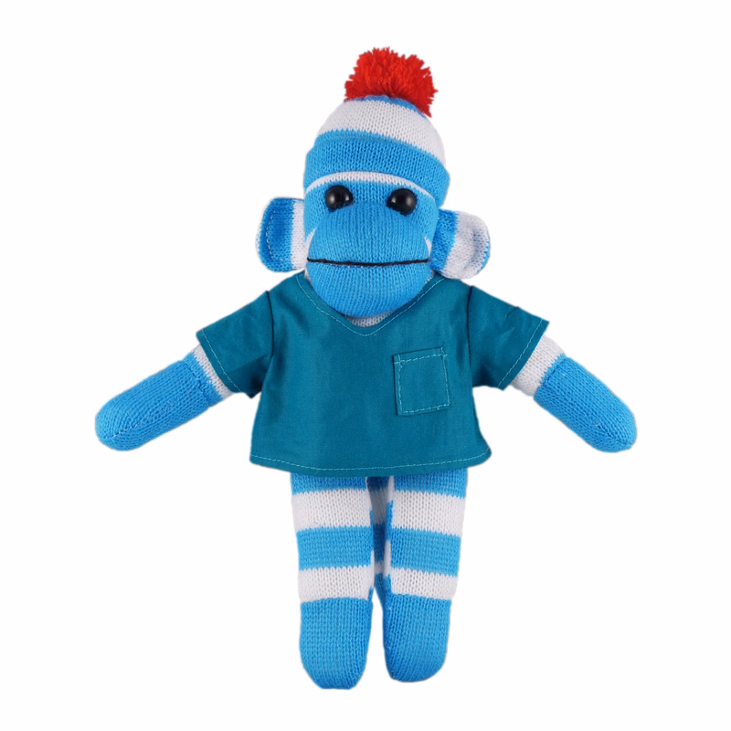 Blue Sock Monkey (Plush) in scrub shirt