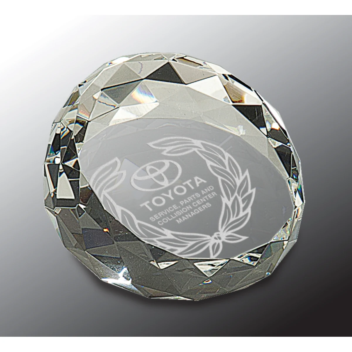 3 1/2" x 2" Clear Round Crystal Facet Paperweight Award 1