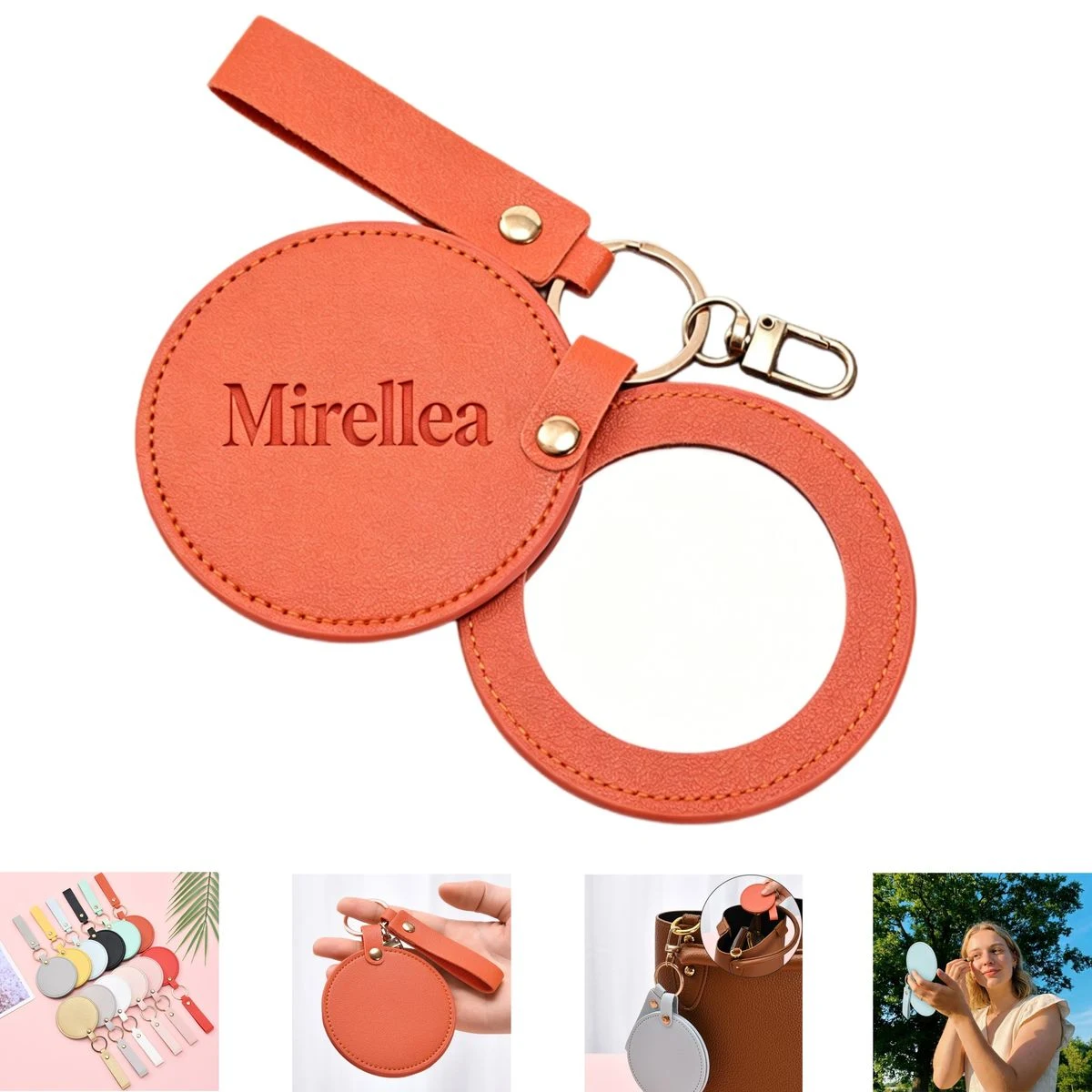 Round PU Leather Mirror with Keychain Hook 1