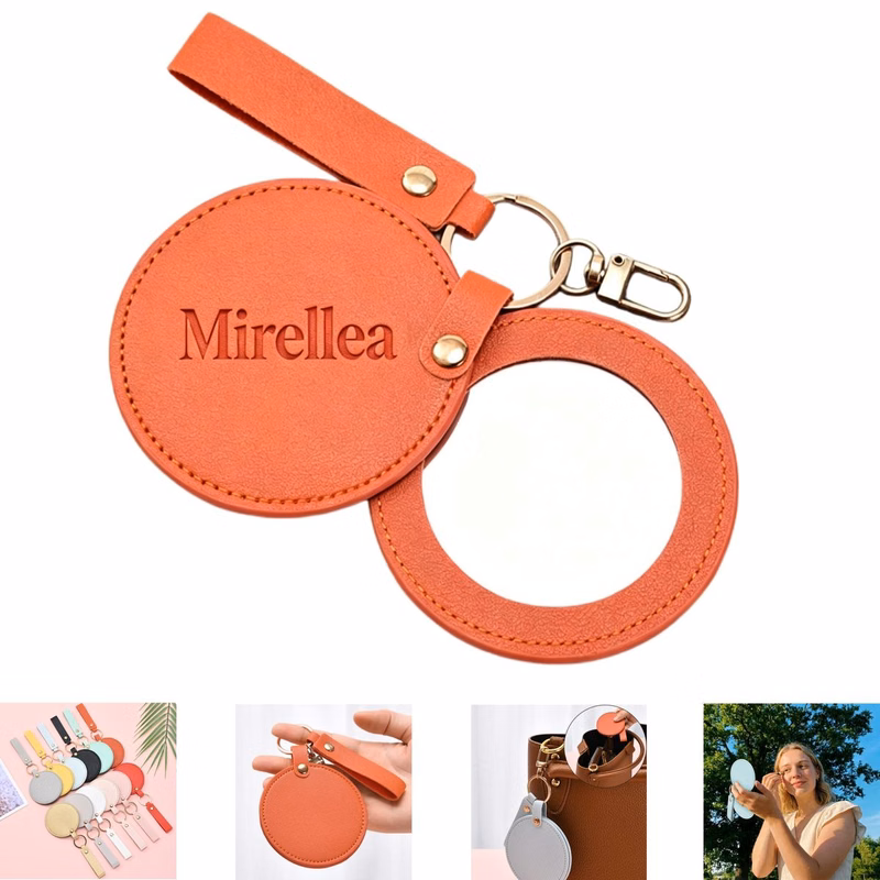 Round PU Leather Mirror with Keychain Hook