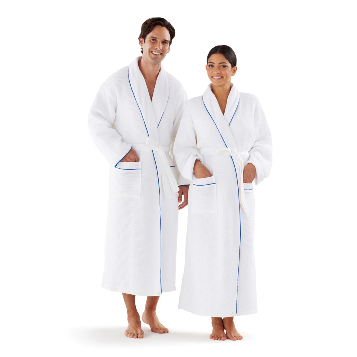 Basic Shawl Collar Lined Waffle Bathrobe With Royal Blue Piping 1
