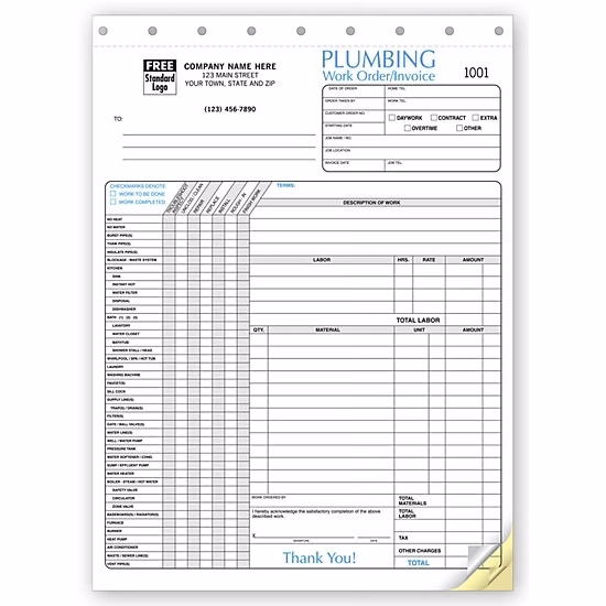 Plumbing Work Order / Invoice With Checklist
