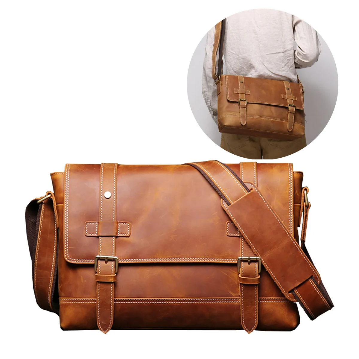 Crazy Horse Leather Messenger Bag 1