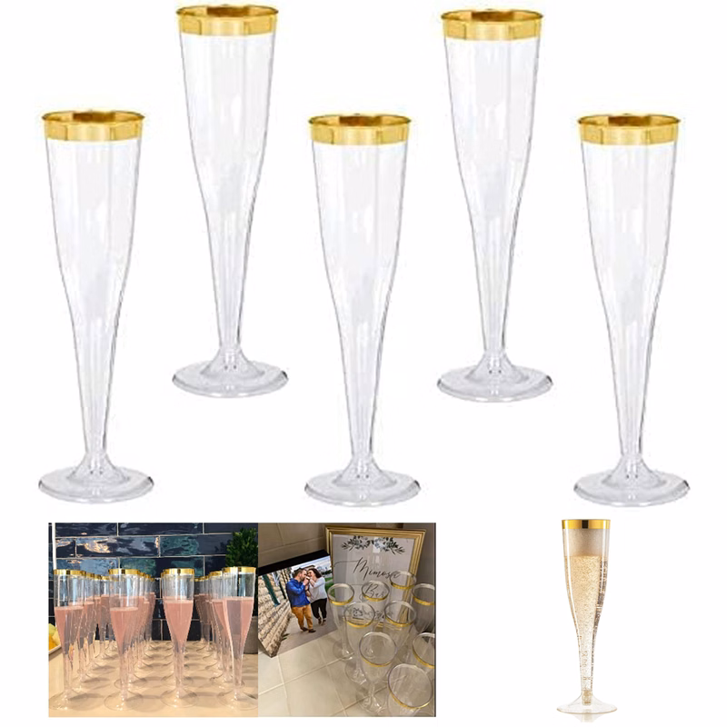 6.5 OZ Plastic Classic Champagne Disposable Flute Gold Rimmed Cup
