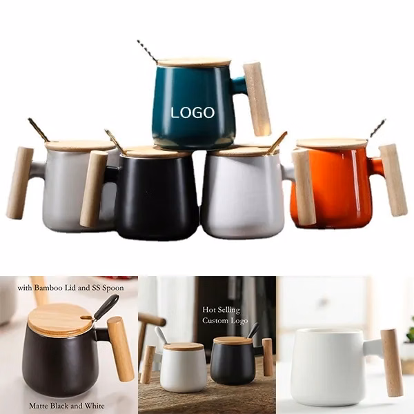 Ceramic Coffee Mug with Wooden Lid 12 oz Capacity