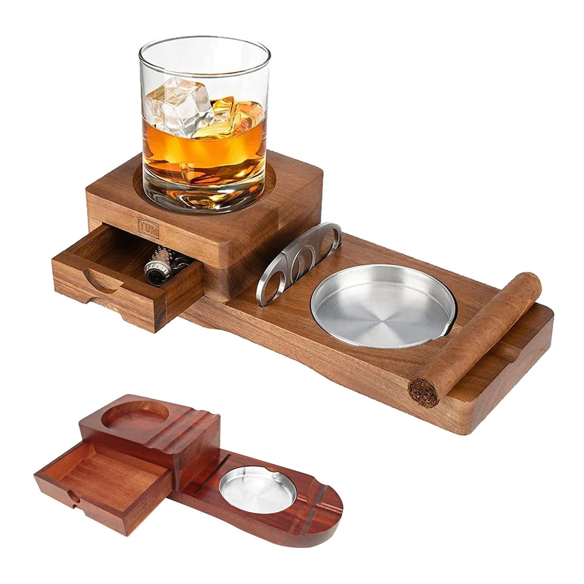 Drawer Style Cigar Cutter Whiskey Cup Holder Wooden Ashtray 1