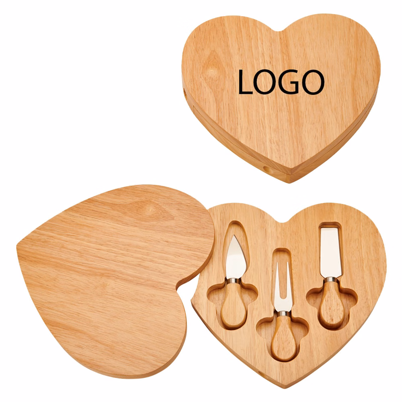 WOOD HEART CHEESE SET WITH 3 WOOD HANDLED UTENSILS