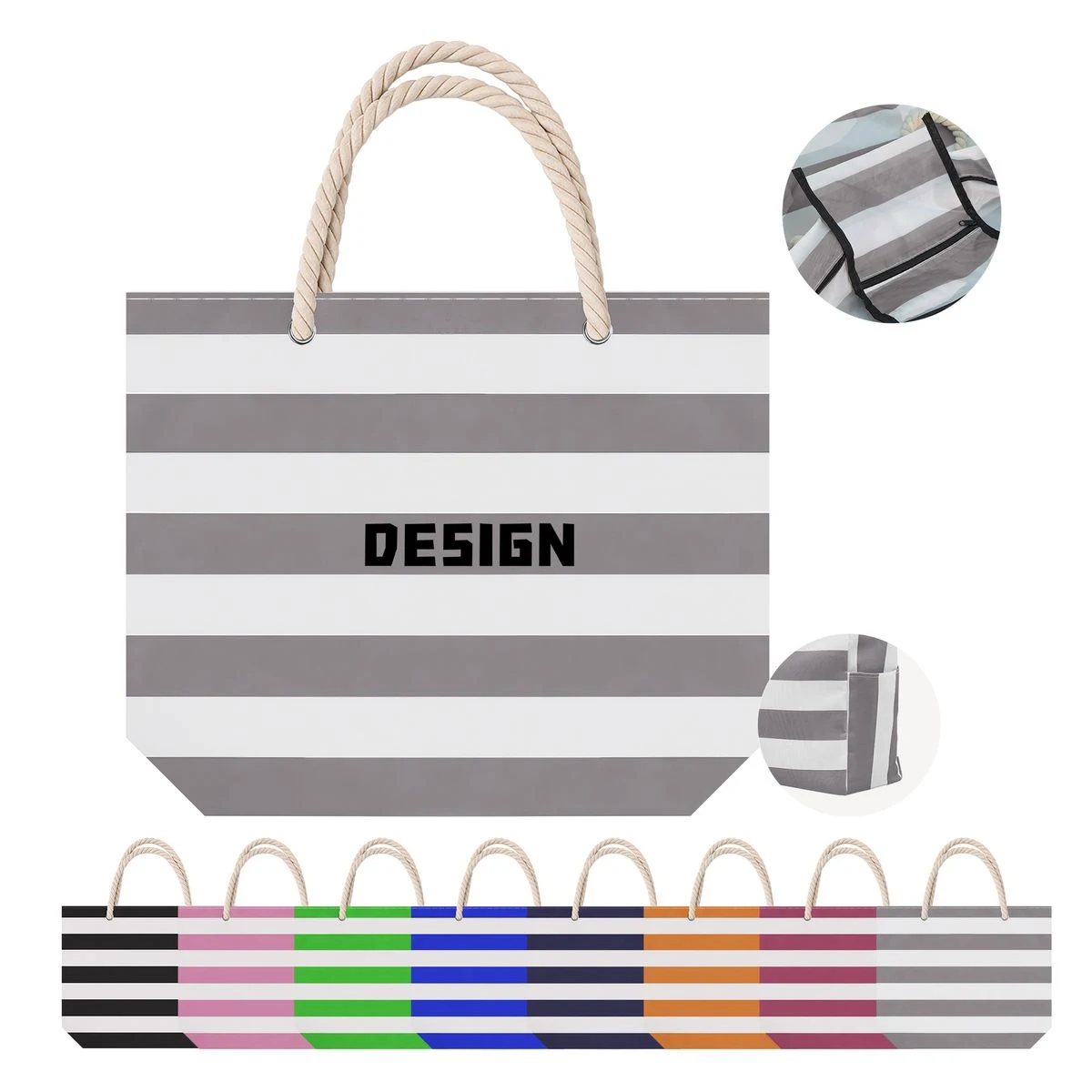 Striped Canvas Rope Handle Beach Tote Bag 1