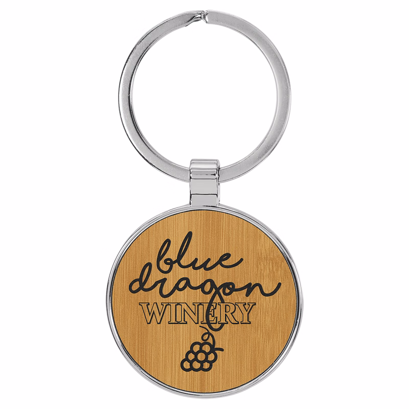 1 1/2" Leatherette/Metal Bamboo Round Keychain