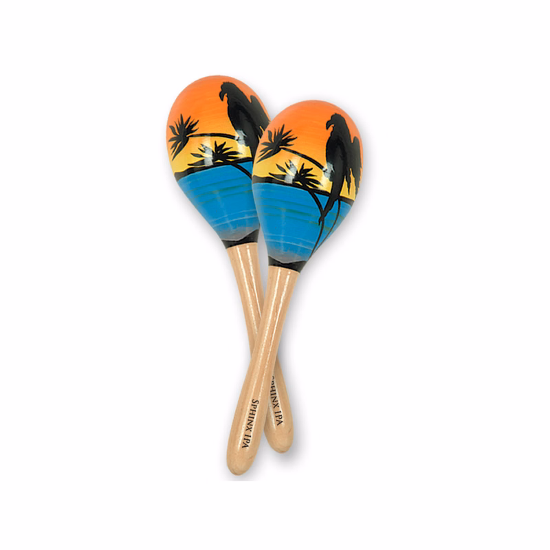 8" Wooden Tropical Fun Party Maracas with a 1-color direct pad print on the handle