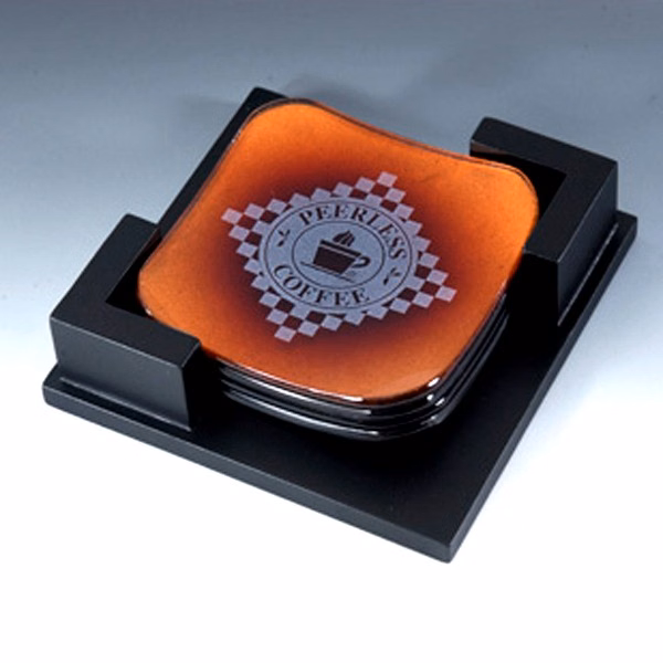 4 Curved Jade Glass - Gold Leaf Design Coasters in Black Wood Holder