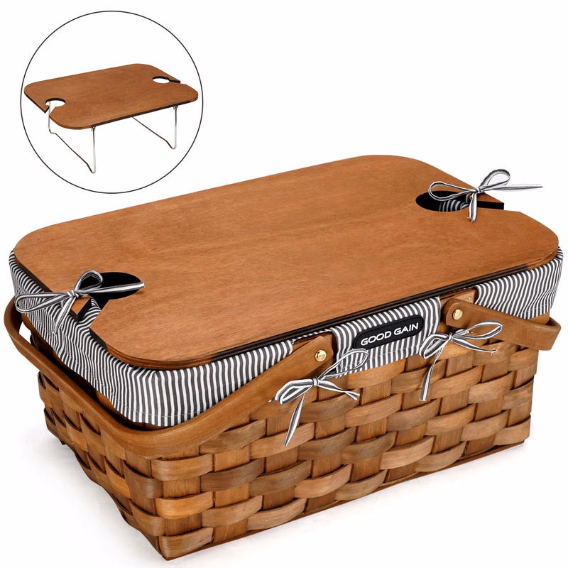 Woodchip Picnic Basket with Portable Wine Table
