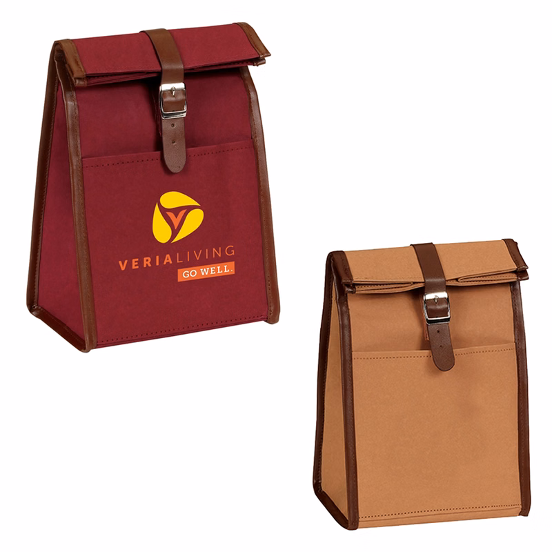New Revolving Washable Kraft Paper Insulated Lunch Bag w/Leather belt-strap