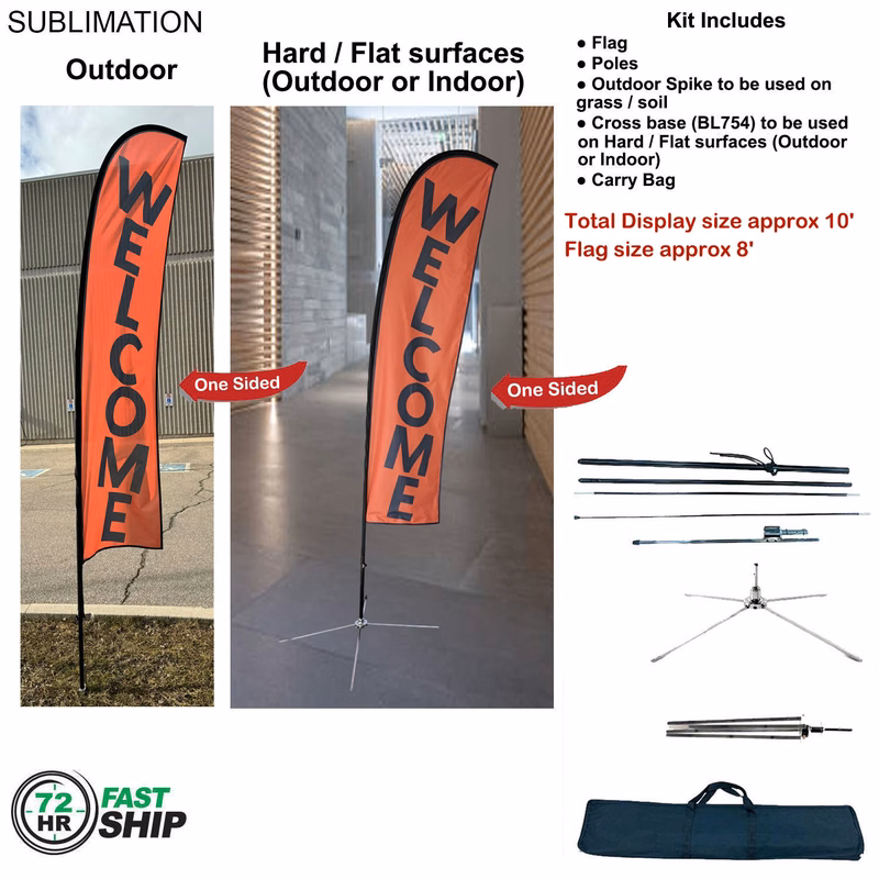 72Hr Fast Ship - 10' Small Feather Flag Kit, Full Color Graphics One Side, Outdoor and Indoor bases