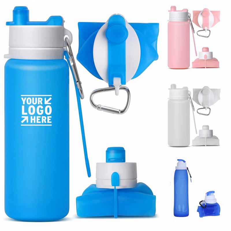 20OZ Travel Portable Silicone Collapsible Foldable Water Bottle With Clip Backpack  