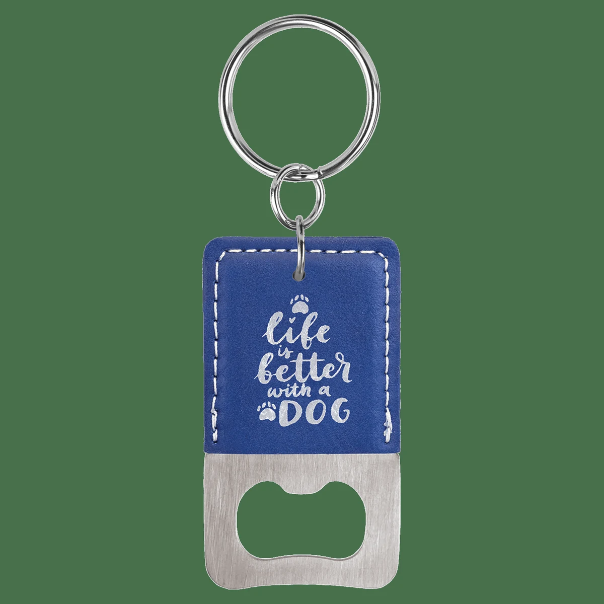 Rectangle Blue/Silver Leatherette Bottle Opener Keychain 1