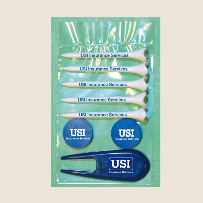Golf Tee Poly Bag Pack w/ Five 2 3/4" Aerodynamic Tees, 1 Marker & 1 Fixer