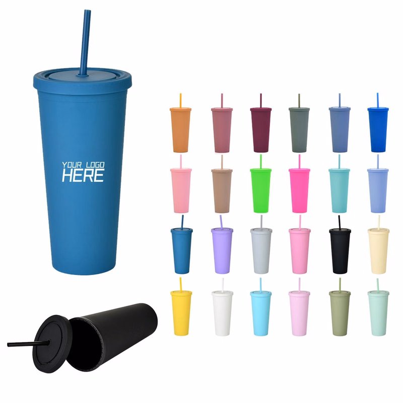 24OZ Double Layer Plastic Straw Cup