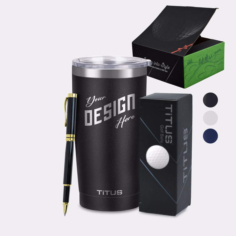 20 oz TiTUS® SS Tumbler, 3 Pack Golf Balls & Luxury Ball Point Pen Gift Set