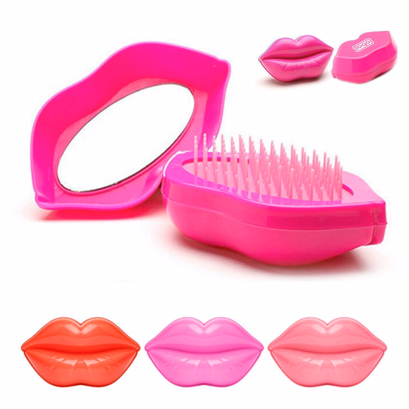 2-In-1 Lip-Shaped Foldable Mirror w/ Hair Brush