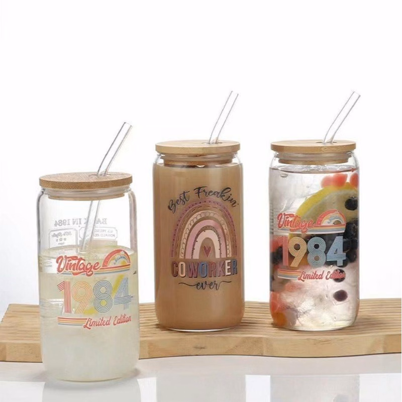 Glass Cup With A Bamboo Straw And Lid
