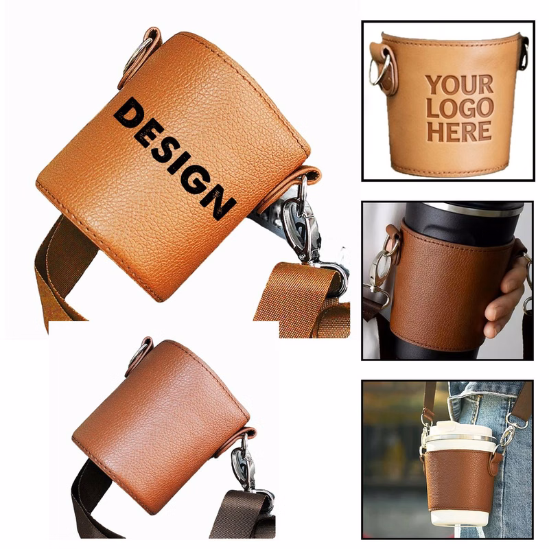 Portable PU Leather Cup Cover with Lanyard