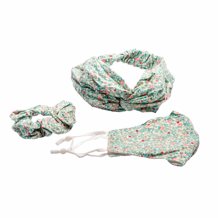 3-Piece Fashion Facemask - Headband Scrunchie Green Floral