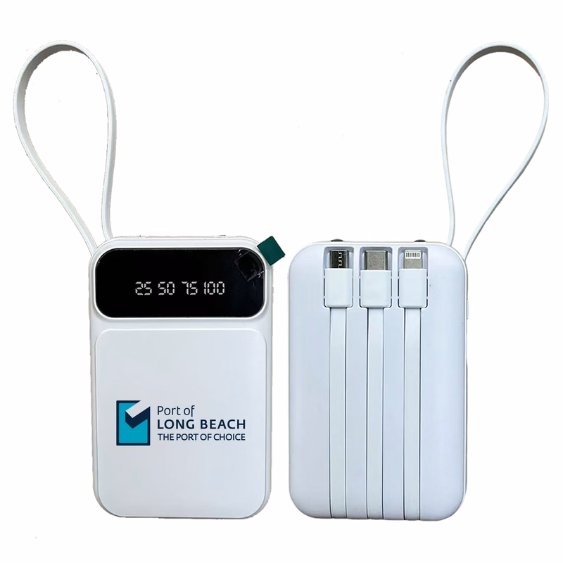 10,000 mAh Power Bank with LED Screen and Built-In Cables