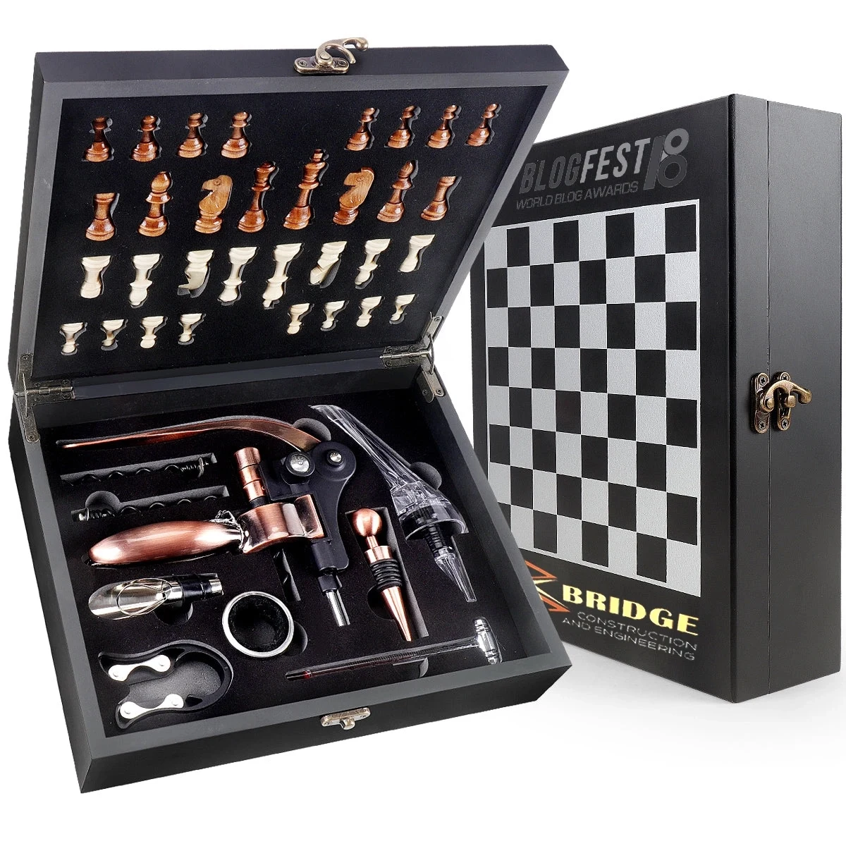 Black Wooden Box Wine Accessories With Chess Set 1