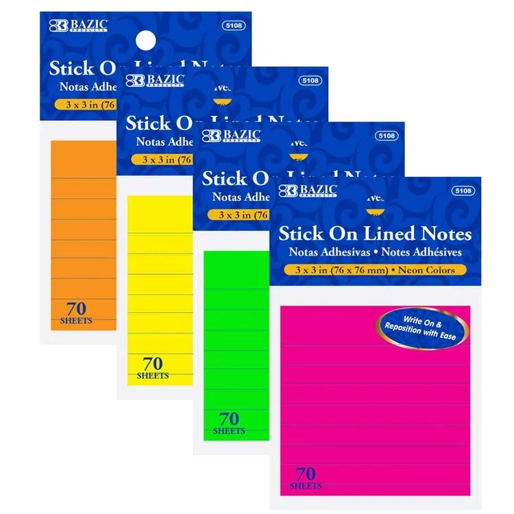 Lined Sticky Notes - 70 Sheets 3" x 3" Neon 1