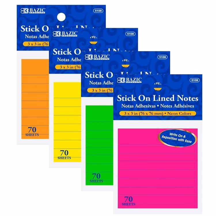 Lined Sticky Notes - 70 Sheets 3" x 3" Neon