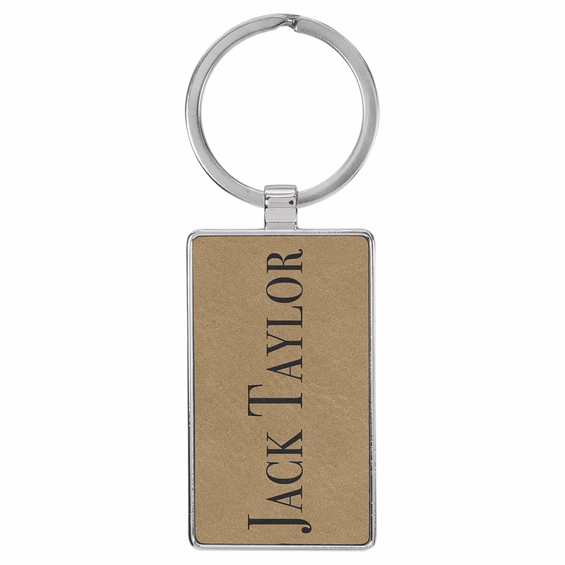 2 3/4" x 1 1/4" Leatherette/Metal Light Brown Rectangle Keychain