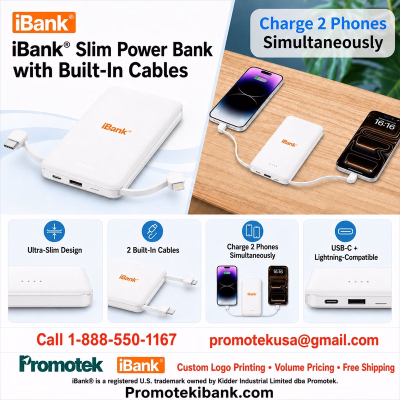 iBank ® Slim Portable Charger with Built-in Dual Cable, USB-C and Lightning